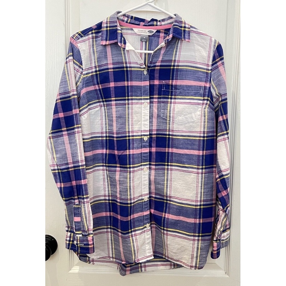 Old Navy Women's The Classic Shirt Long Sleeve Blue Pink White Size Medium